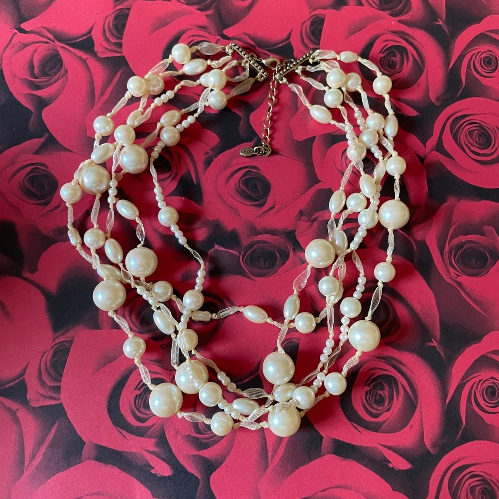 Monet Beaded 5 Layer Ribbon‎ Hand Knotted Chunky Statement costume necklace 14"